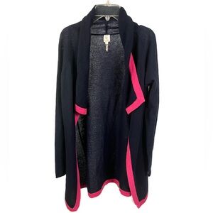 Qi Cashmere Women’s Open Front Blue Contrast Trim Waterfall Cardigan- Size Small